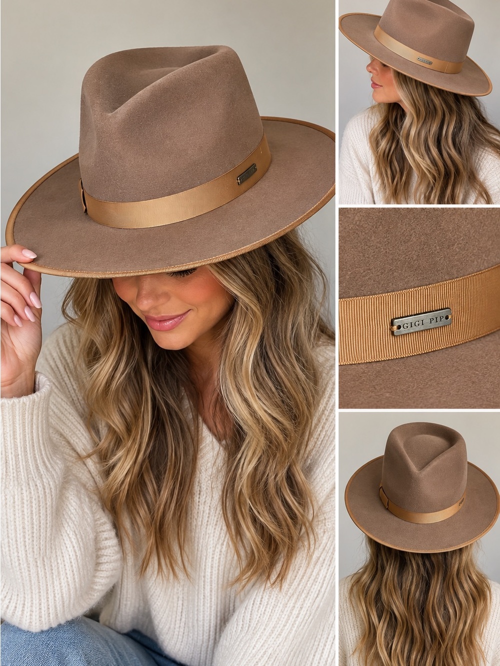 GIGI PIP Taupe Wool Rancher Hat with Tan Grosgrain Band S/M